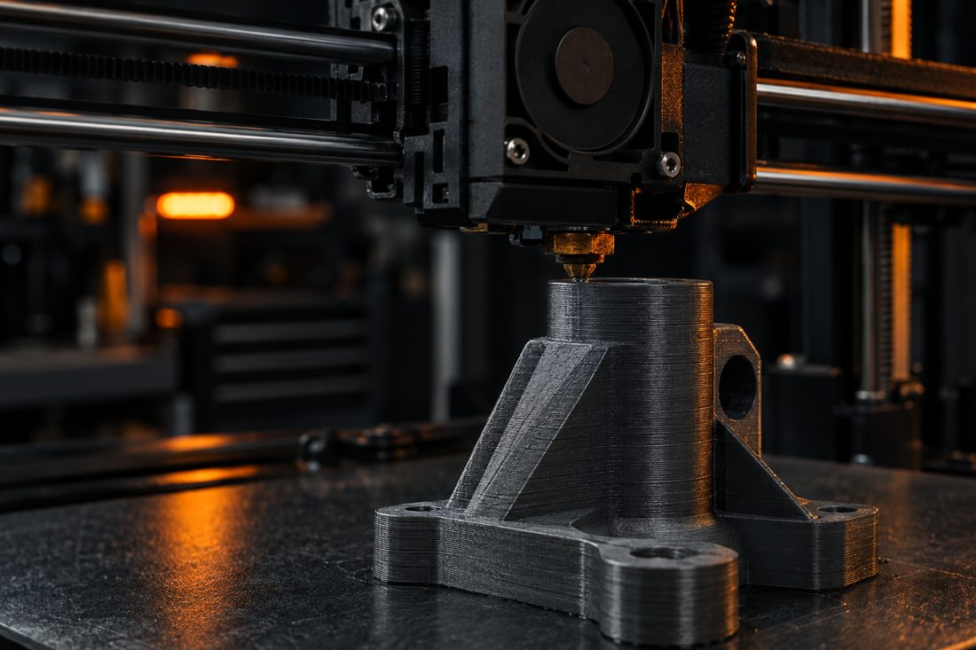 3D-принтер печатает инженерную деталь из тёмного пластика
